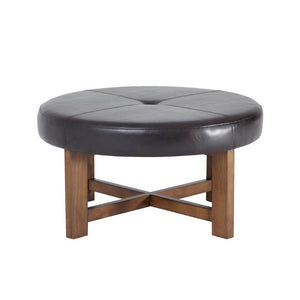 English Elm Round Tufted Faux Leather Ottoman with Walnut Cross Leg Base for Living Room N778P369757D
