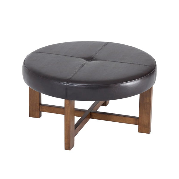 English Elm Round Tufted Faux Leather Ottoman with Walnut Cross Leg Base for Living Room N778P369757D