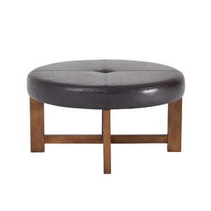 English Elm Round Tufted Faux Leather Ottoman with Walnut Cross Leg Base for Living Room N778P369757D