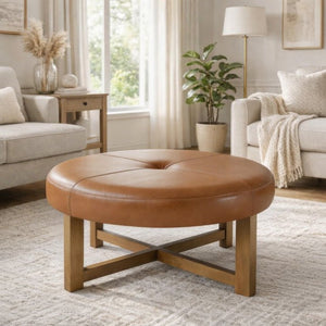 English Elm Round Tufted Faux Leather Ottoman with Walnut Cross Legs for Living Room Decor N778P369757L