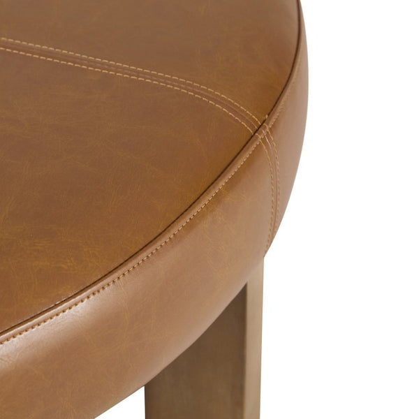 English Elm Round Tufted Faux Leather Ottoman with Walnut Cross Legs for Living Room Decor N778P369757L