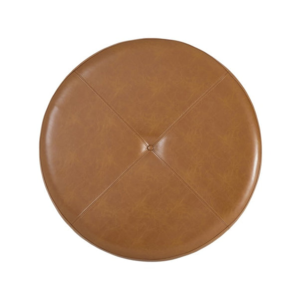 English Elm Round Tufted Faux Leather Ottoman with Walnut Cross Legs for Living Room Decor N778P369757L