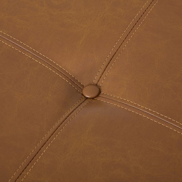 English Elm Round Tufted Faux Leather Ottoman with Walnut Cross Legs for Living Room Decor N778P369757L