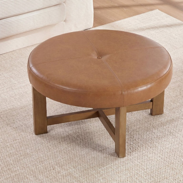 English Elm Round Tufted Faux Leather Ottoman with Walnut Cross Legs for Living Room Decor N778P369757L