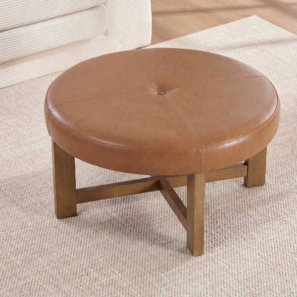 English Elm Round Tufted Faux Leather Ottoman with Walnut Cross Legs for Living Room Decor N778P369757L