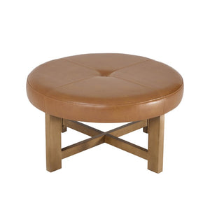 English Elm Round Tufted Faux Leather Ottoman with Walnut Cross Legs for Living Room Decor N778P369757L