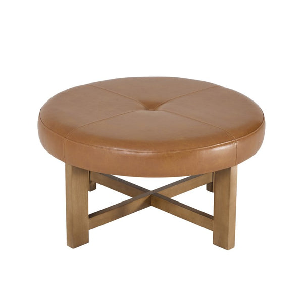 English Elm Round Tufted Faux Leather Ottoman with Walnut Cross Legs for Living Room Decor N778P369757L