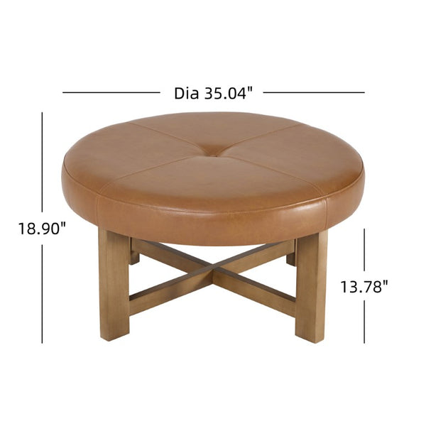 English Elm Round Tufted Faux Leather Ottoman with Walnut Cross Legs for Living Room Decor N778P369757L