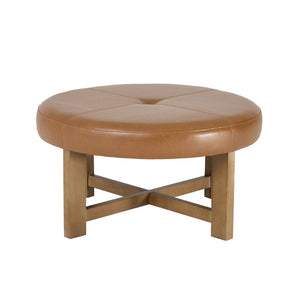 English Elm Round Tufted Faux Leather Ottoman with Walnut Cross Legs for Living Room Decor N778P369757L