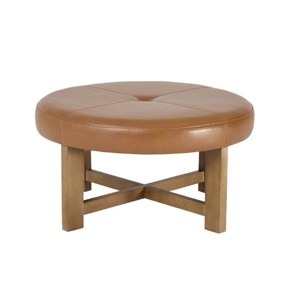 English Elm Round Tufted Faux Leather Ottoman with Walnut Cross Legs for Living Room Decor N778P369757L