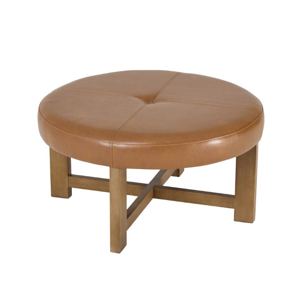 English Elm Round Tufted Faux Leather Ottoman with Walnut Cross Legs for Living Room Decor N778P369757L