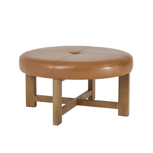 English Elm Round Tufted Faux Leather Ottoman with Walnut Cross Legs for Living Room Decor N778P369757L