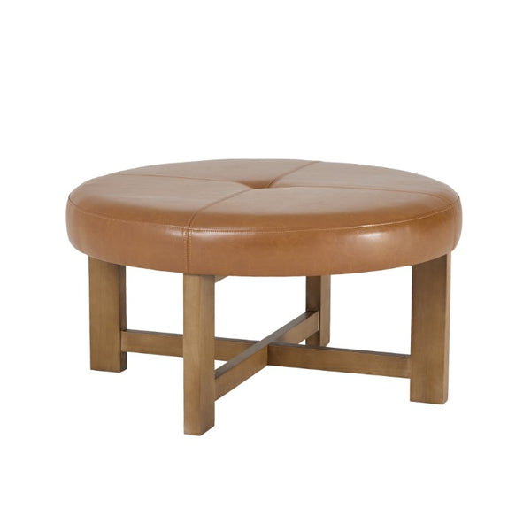 English Elm Round Tufted Faux Leather Ottoman with Walnut Cross Legs for Living Room Decor N778P369757L