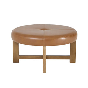 English Elm Round Tufted Faux Leather Ottoman with Walnut Cross Legs for Living Room Decor N778P369757L