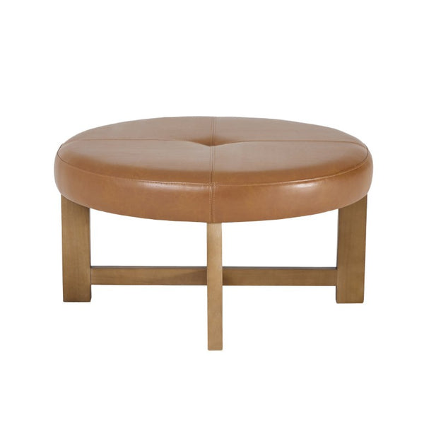 English Elm Round Tufted Faux Leather Ottoman with Walnut Cross Legs for Living Room Decor N778P369757L