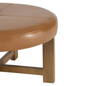 English Elm Round Tufted Faux Leather Ottoman with Walnut Cross Legs for Living Room Decor N778P369757L