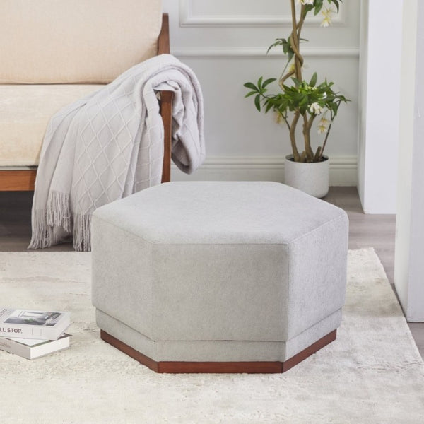 English Elm Nova Hexa Hexagonal Accent Stool Gray Fabric Cushion Walnut Wood Base Modern Living N778P379210G