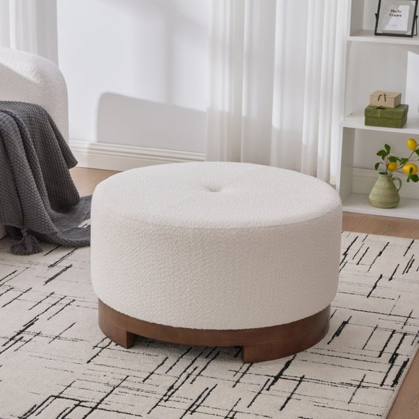 English Elm Monroe Round Beige Fabric Ottoman Walnut Wood Base Footrest Accent Living Room N778P379226B