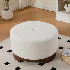 English Elm Monroe Round Beige Fabric Ottoman Walnut Wood Base Footrest Accent Living Room N778P379226B