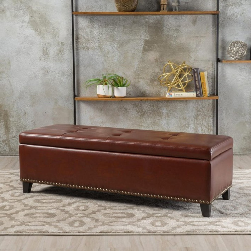 English Elm Ottoman Storage Bench with Tufted Waffle Lid Nailhead Trim and Soft Close Hinge N778P388327C
