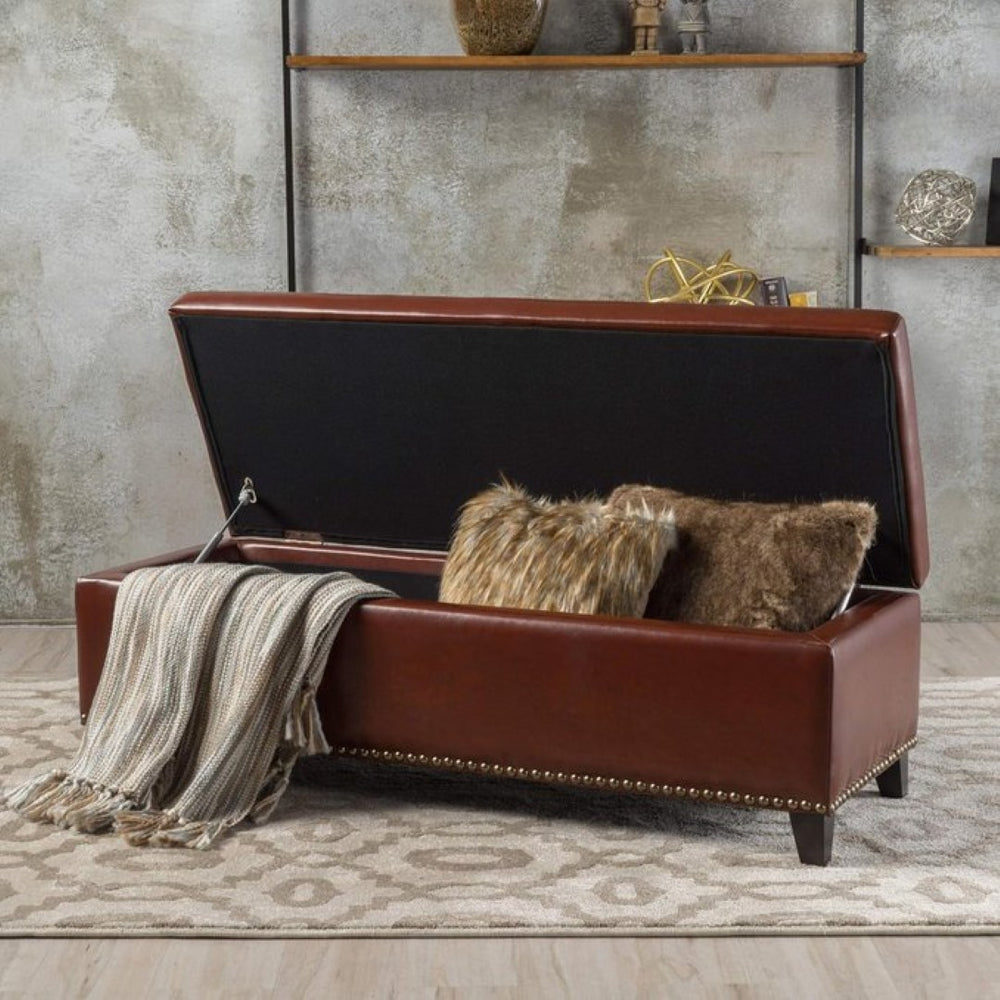 English Elm Ottoman Storage Bench with Tufted Waffle Lid Nailhead Trim and Soft Close Hinge N778P388327C