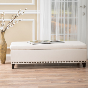 English Elm Storage Bench with Button Tufted Linen Top Safety Hinge and Studded Base Accent N778P389244B