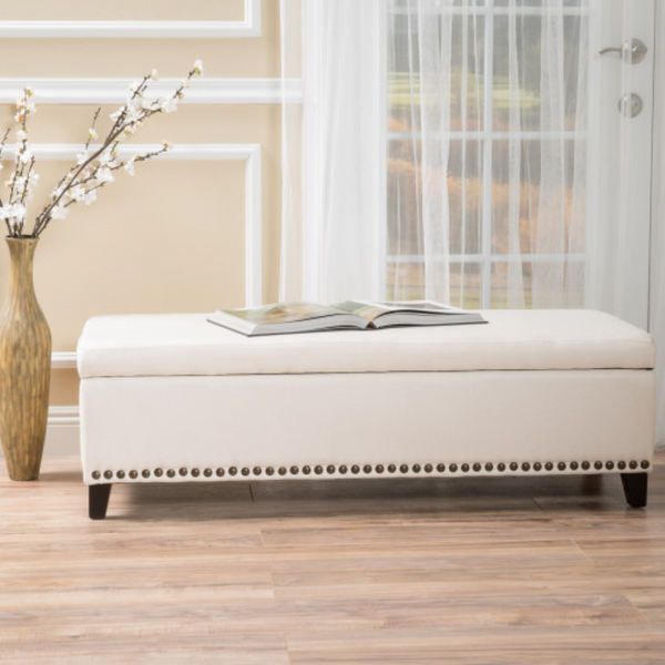 English Elm Storage Bench with Button Tufted Linen Top Safety Hinge and Studded Base Accent N778P389244B