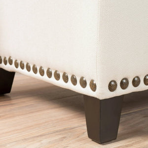 English Elm Storage Bench with Button Tufted Linen Top Safety Hinge and Studded Base Accent N778P389244B