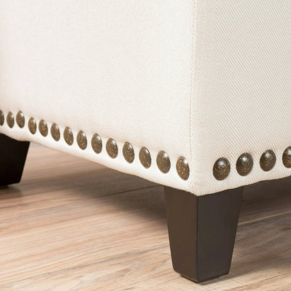 English Elm Storage Bench with Button Tufted Linen Top Safety Hinge and Studded Base Accent N778P389244B