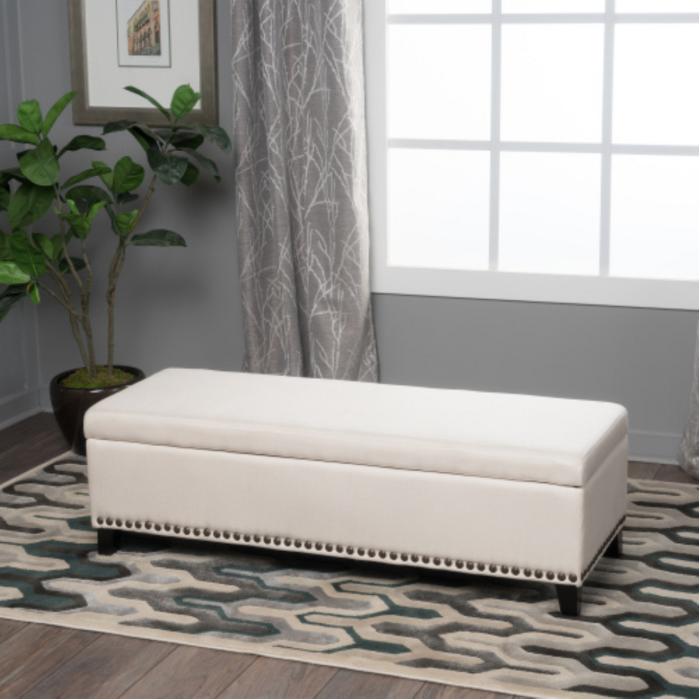 English Elm Storage Bench with Button Tufted Linen Top Safety Hinge and Studded Base Accent N778P389244B