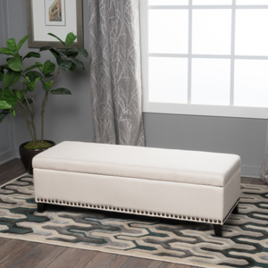 English Elm Storage Bench with Button Tufted Linen Top Safety Hinge and Studded Base Accent N778P389244B