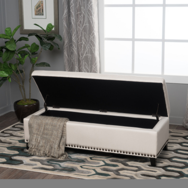 English Elm Storage Bench with Button Tufted Linen Top Safety Hinge and Studded Base Accent N778P389244B