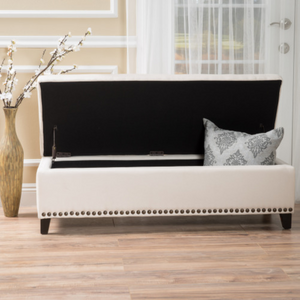 English Elm Storage Bench with Button Tufted Linen Top Safety Hinge and Studded Base Accent N778P389244B