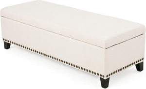 English Elm Storage Bench with Button Tufted Linen Top Safety Hinge and Studded Base Accent N778P389244B