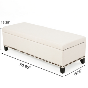 English Elm Storage Bench with Button Tufted Linen Top Safety Hinge and Studded Base Accent N778P389244B