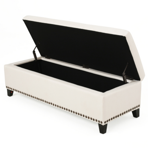 English Elm Storage Bench with Button Tufted Linen Top Safety Hinge and Studded Base Accent N778P389244B