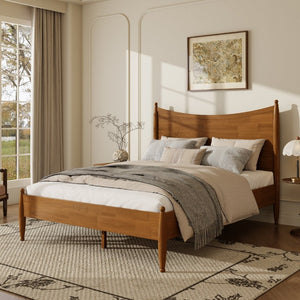 English Elm Queen Platform Bed Curved Headboard Rubberwood Frame Honey Oak Farmhouse Bedroom Brown N778P390174A_N778P390175A