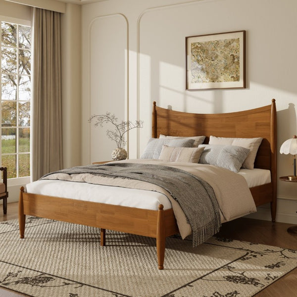English Elm Queen Platform Bed Curved Headboard Rubberwood Frame Honey Oak Farmhouse Bedroom Brown N778P390174A_N778P390175A