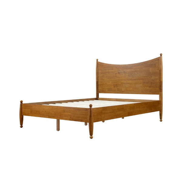 English Elm Queen Platform Bed Curved Headboard Rubberwood Frame Honey Oak Farmhouse Bedroom Brown N778P390174A_N778P390175A