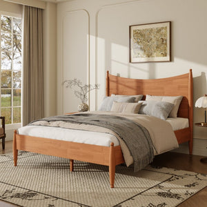 English Elm Queen Platform Bed Curved Headboard Rubberwood Frame Honey Oak Farmhouse Bedroom Honey N778P390174H_N778P390175H