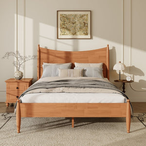 English Elm Queen Platform Bed Curved Headboard Rubberwood Frame Honey Oak Farmhouse Bedroom Honey N778P390174H_N778P390175H