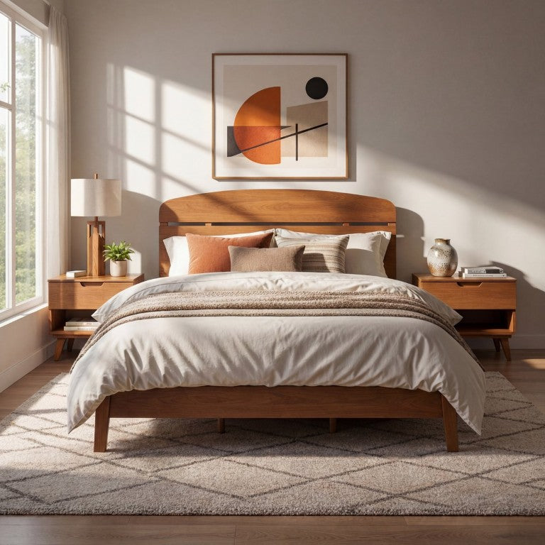 English Elm Queen Solid Wood Platform Bed Curved Headboard Scandinavian Style No Box Spring Light Brown MDF,Pine,Rubber Wood N778P420848B_N778P420849B