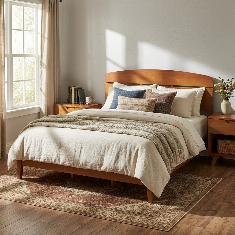 English Elm Queen Solid Wood Platform Bed Curved Headboard Scandinavian Style No Box Spring Light Brown MDF,Pine,Rubber Wood N778P420848B_N778P420849B