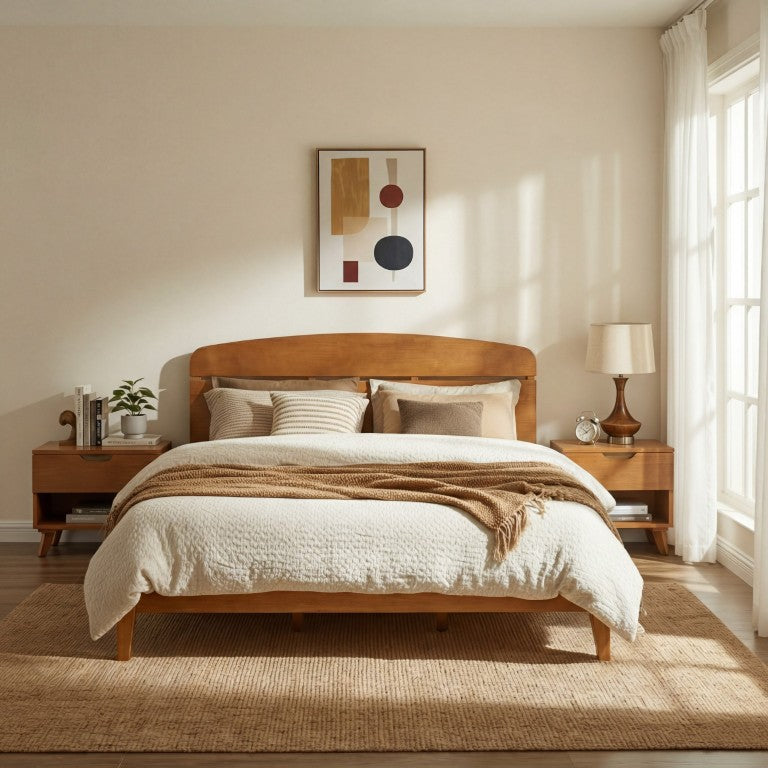 English Elm King Solid Wood Platform Bed Curved Headboard Scandinavian Low Profile Frame N778P420850B_N778P420851B