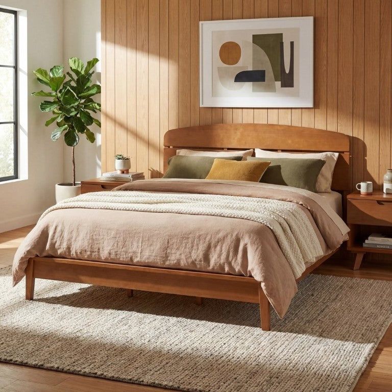 English Elm King Solid Wood Platform Bed Curved Headboard Scandinavian Low Profile Frame N778P420850B_N778P420851B