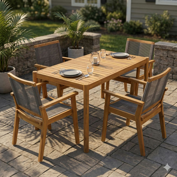 English Elm 5-piece Outdoor Acacia Wood Patio Dining Set with Rope Arm Chairs for Small Spaces N779P210771L_70486.00-2