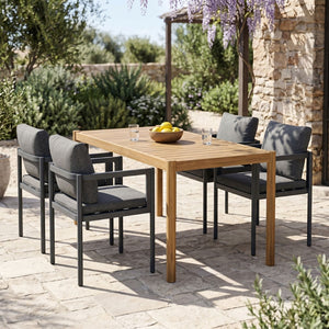 English Elm 5-piece Outdoor Acacia Wood Dining Set with Aluminum Armchairs and Weather Cushions N779P210771L_N779P369116G-2