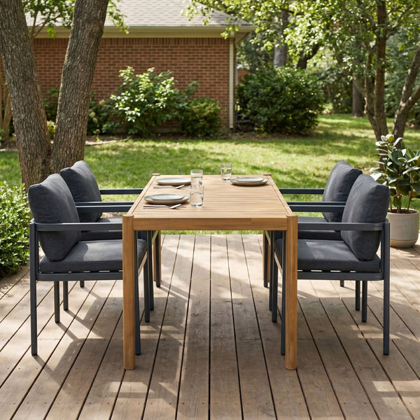 English Elm 5-piece Outdoor Acacia Wood Dining Set with Aluminum Armchairs and Weather Cushions N779P210771L_N779P369116G-2