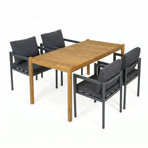 English Elm 5-piece Outdoor Acacia Wood Dining Set with Aluminum Armchairs and Weather Cushions N779P210771L_N779P369116G-2