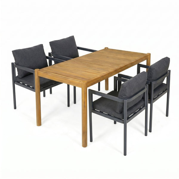 English Elm 5-piece Outdoor Acacia Wood Dining Set with Aluminum Armchairs and Weather Cushions N779P210771L_N779P369116G-2